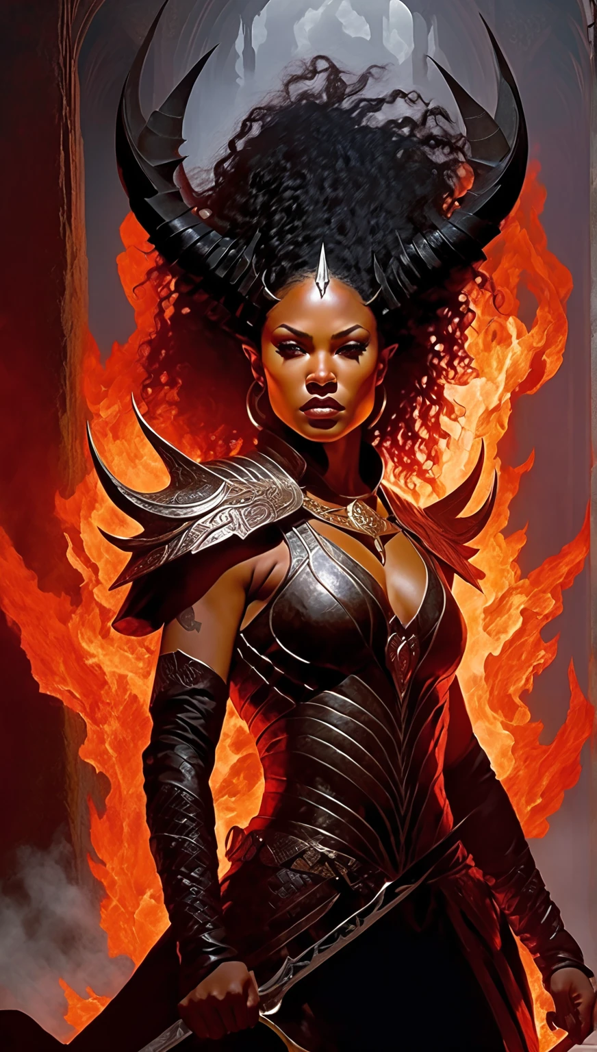 Karlach, a tiefling from Baldur's Gate 3, is depicted sitting confidently and imposingly, with her legs spread wide in a masculine and assertive stance. She is naked without any clothing. Her vibrant skin contrasts with her striking demonic features, including horns—one of which is broken, adding a touch of robustness. She has a few scars. Her short, wild hair, resembling black flames, frames her fierce yet sexy face, while her eyes radiate unrelenting intensity. She bears the scars of countless fights. The dramatic lighting highlights her features and posture, with a backdrop that suggests a dungeon cell. The scene exudes strength, charisma, and a defiant attitude. The shot is from below, her naked body emanating flames. She has bruises all over her body. Her private parts are wet. She is completely unprotected. She is aroused by the abuse she has suffered, her vagina throbs with excitement. conceptual art in 8K resolution , intricately detailed realism , Complex, elegant, expansive,  fantastic and psychedelic , ink dripping ,  in the abyss of empire ownership , night, blood moon, buildings, reflections