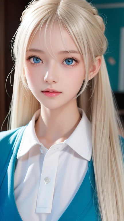  platinum blonde hair is super long, straight, stringy hair、Polate、 school uniform 、Bright expression、 ponytail、 young, white and shiny skin 、Great looks、 shiny bright hair 、Shiny, beautiful bangs、 double eyelids in judo uniforms、 eyeliner 、 very bright, very bright mint ice blue eyes that shine so beautifully、 Very Big Eyes ，Small Face Beauty、Very nice first 々 innocent 18 year old Eastern European girl 、 big bust、round face