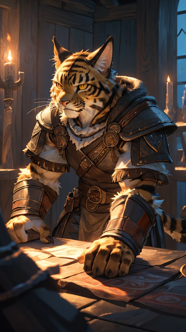 Skyrim, tavern, solo, single figure, fireplace, warm lighting, khajiit, male, blacksmith, muscular, detailed eyes, looking at viewer, lynx ears, standing by fire, smiling, by darkgem,