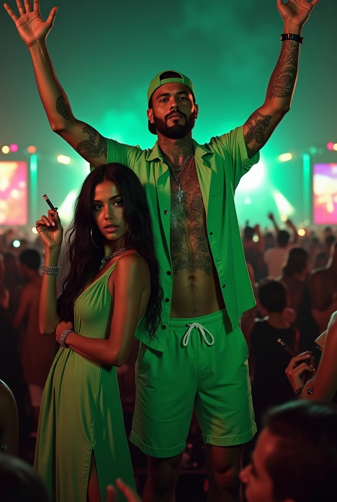 3 Latino men dressed in Dragon Ball Z clothing drinking chicha. The 3 men are surrounded by beautiful women dressed as prostitutes. There are 3 men and 3 women