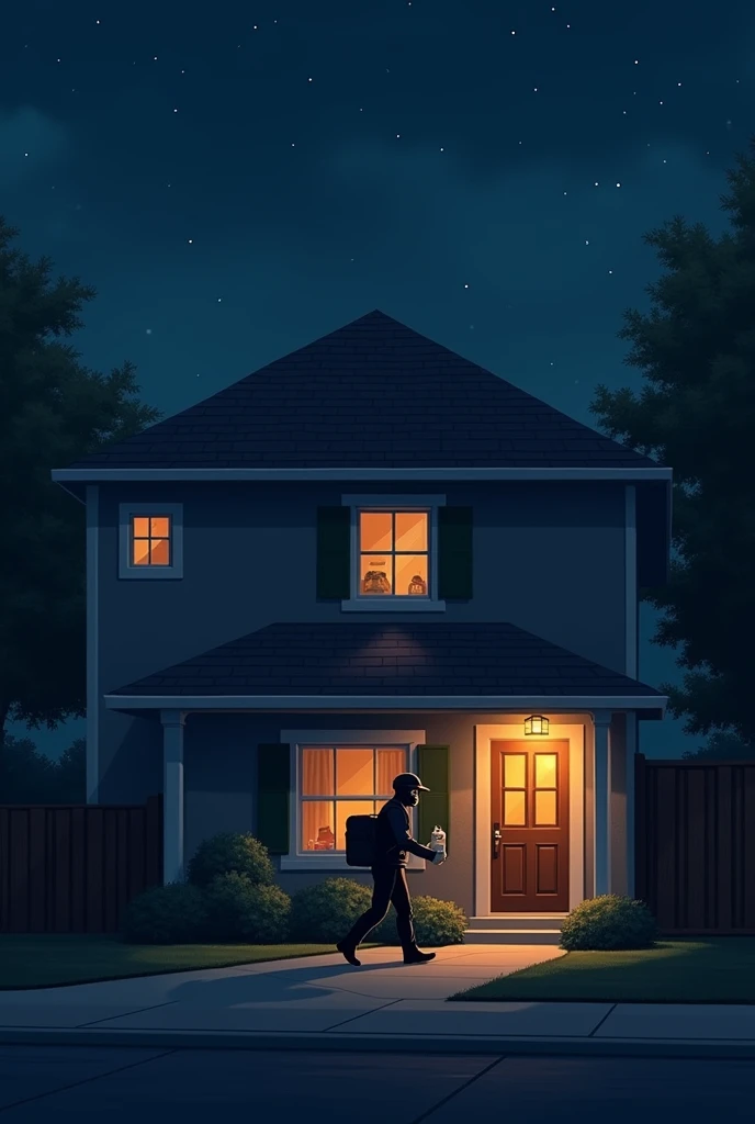 a delivery man in black uniform and black helmet who leaves an order for food at the door of a two-story house at night