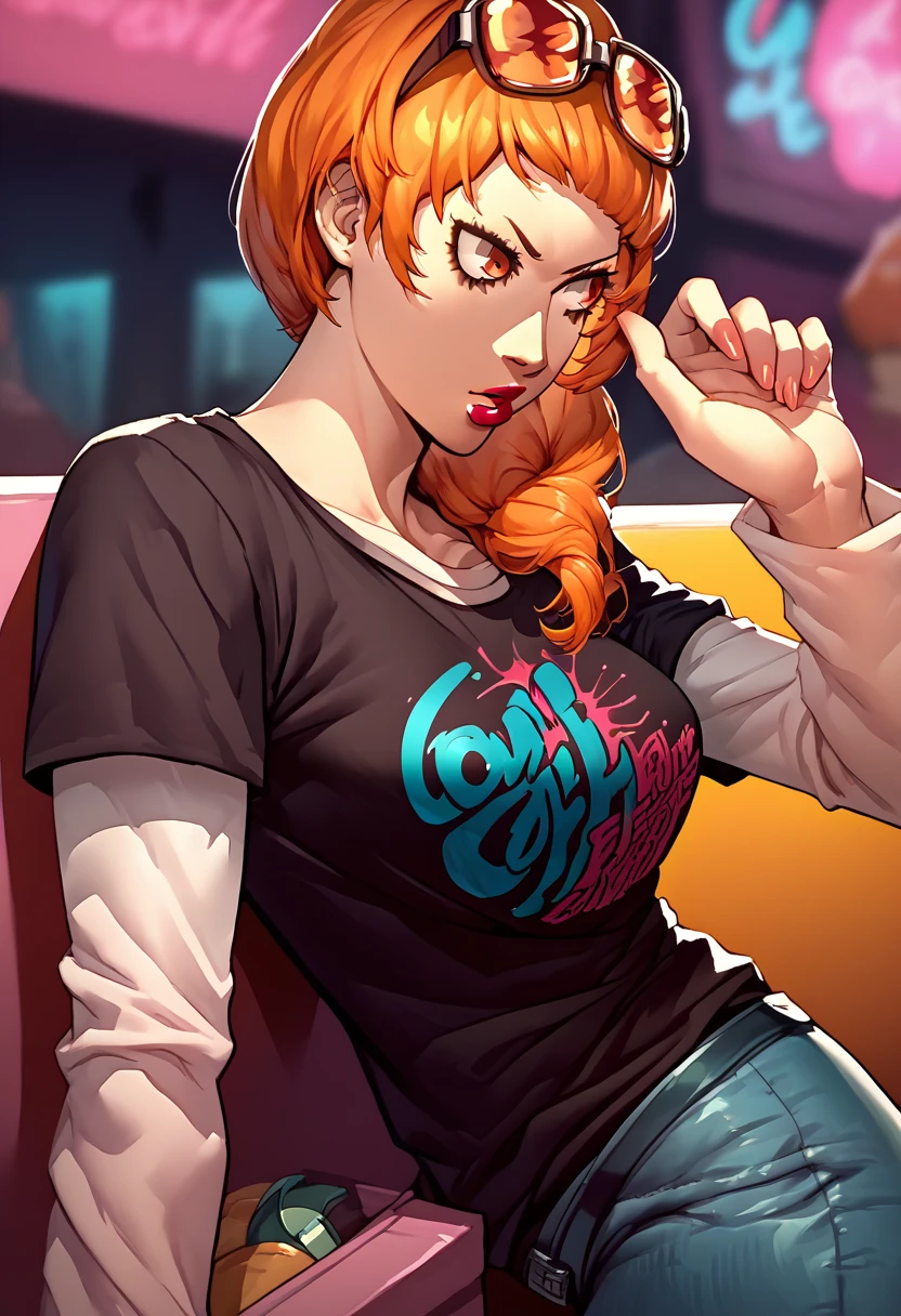 1girl, sunglasses on head, lipstick, black t-shirt, clothes writing, layered sleeves, large breasts, jeans, Leonie Pinelli, orange hair, orange eyes, 