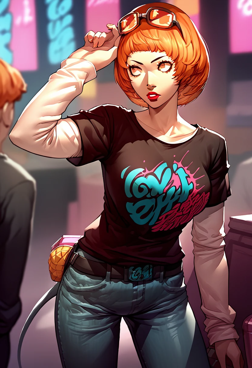 1girl, sunglasses on head, lipstick, black t-shirt, clothes writing, layered sleeves, large breasts, jeans, Leonie Pinelli, orange hair, orange eyes, 