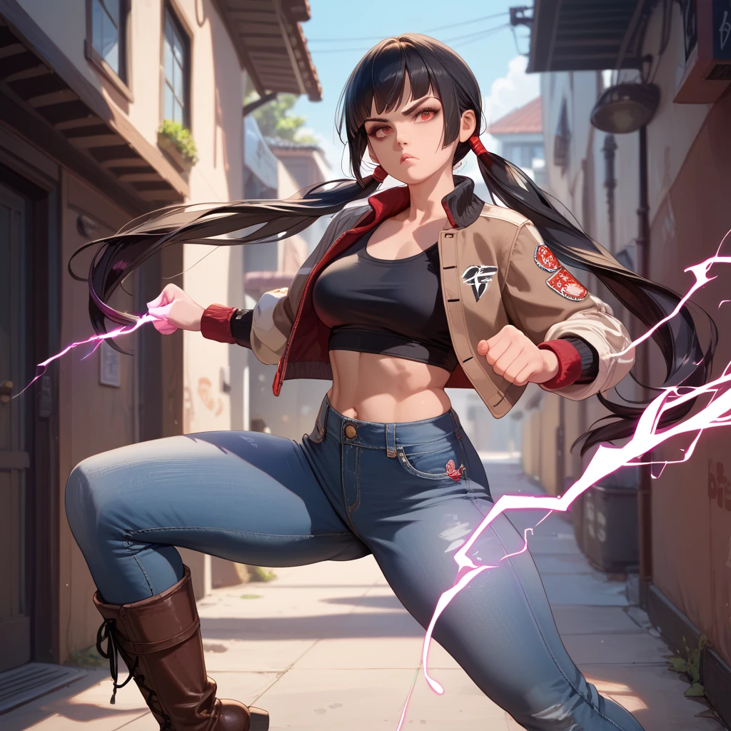 1 girl, black hair, long pigtails, tall, red eyes, young lady, plump lips, slim waist, medium breasts, thick thighs, wide hips, black crop top, brown cropped jacket, open jacket, skinny jeans, brown boots, serious expression, fighting stance, karate stance, fists raised, emitting red electricity, day, in alley , UHD, Masterpiece, absurdres