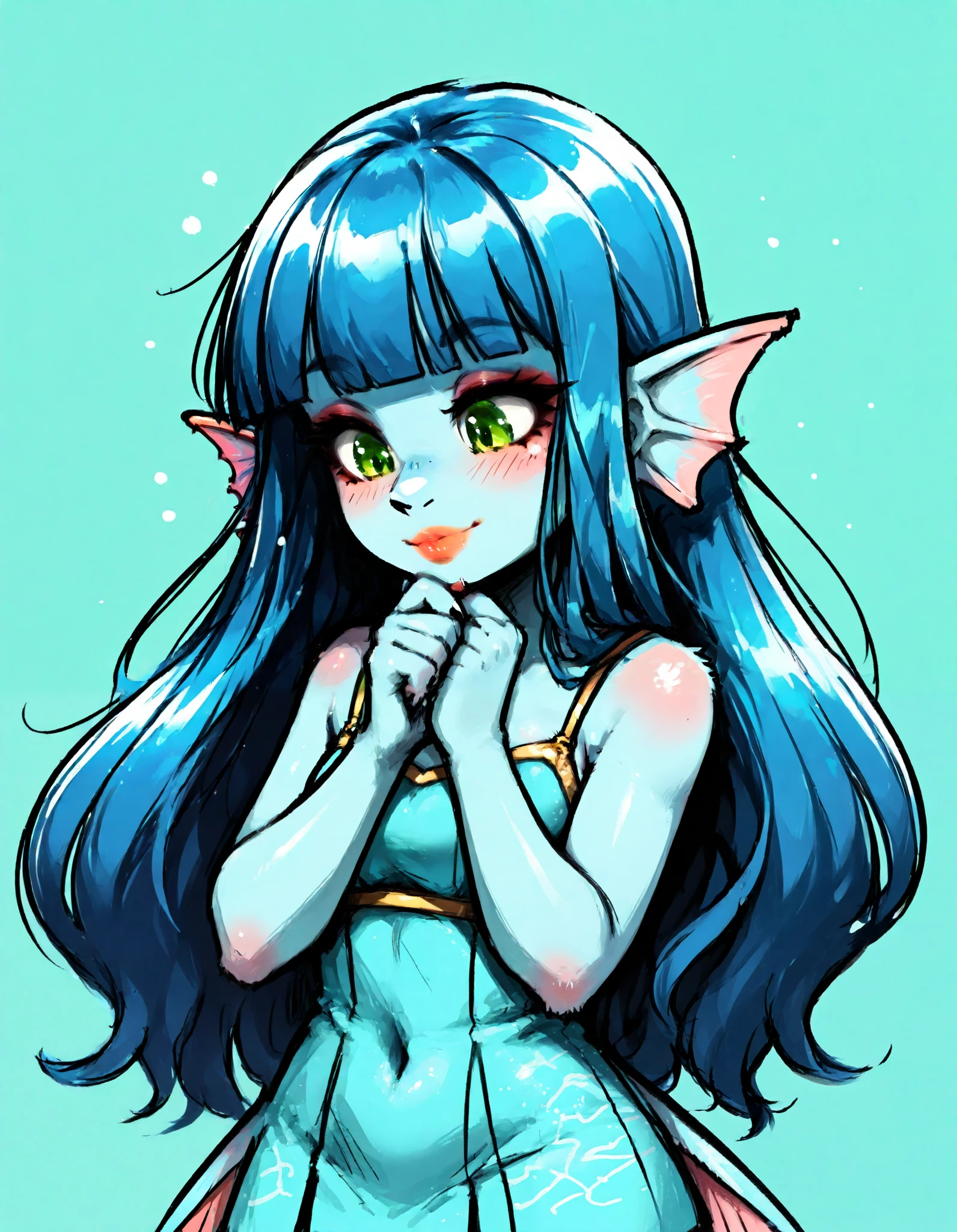 1girl, solo, blue hair, blunt bangs, colored skin, cowboy shot, fins, fish girl, furry, furry female, green eyes, hand on own chin, hands up, head fins, jaggy lines, lips, long hair, looking down, simple background, smile, standing, straight hair, masterpiece, best quality