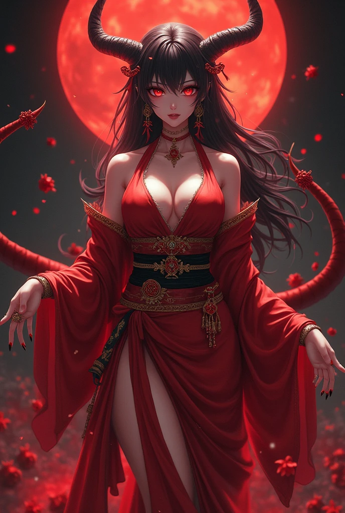 best quality, anime keyvisual, night sky, cowboy shot, horror,
1girl, oni horns, black hair, blunt bangs, long hair, open kimono, red sclera, colored sclera, all red blood eyes, glowing eyes, big eyes, aura, red theme, looking at viewer, standing, large breasts, arms down, bare shoulder,
<lora:red_theme22222_8:1> <lyco:envybetterhandsLocon_beta2:1.0> <lora:flat2:-0.6> <lora:flatBG:1>