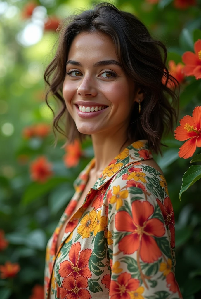 A Brazilian woman in a lush tropical garden, wearing an open shirt with a floral print, with a close-up capturing the harmonious beauty between her breasts and the natural flowers, showing off your natural charm and outgoing personality.