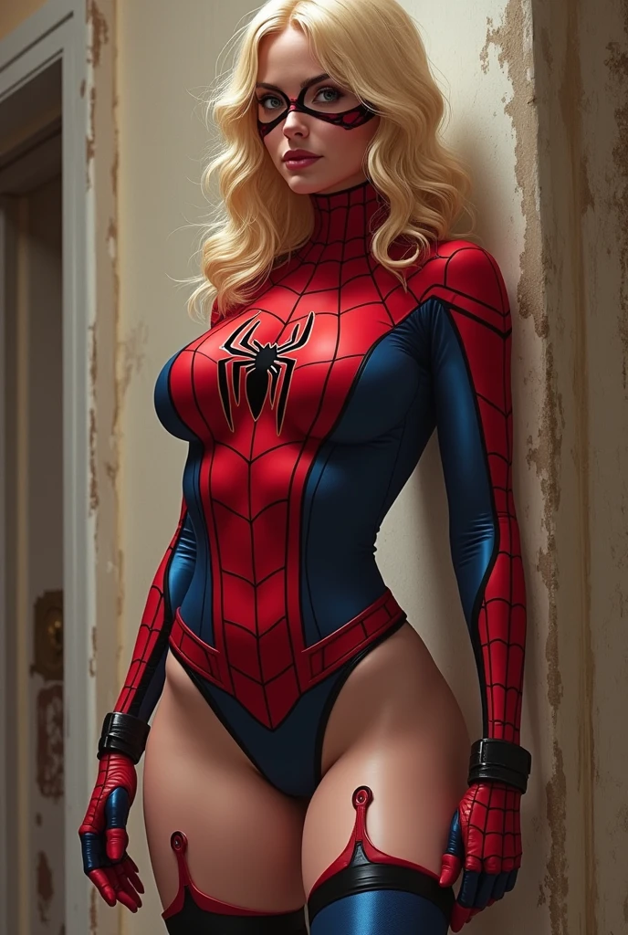Sexy spiderman , intricate details, big tits,short blond wavy hair, rays of god, firm, heavy makeup, intricate details, back view, glamour photo, front view