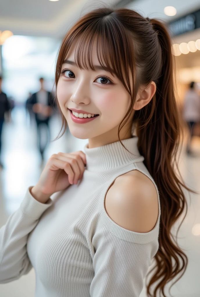 『 1 Japanese girl:1.3』『 real photo:1.3』 top quality:1.2、(( Big Breasts ))、 Slightly Visible Cleavage 、(( young woman))、(( has red cheeks))『 I'm smiling by showing my teeth :1.9』、((( anatomically correct、 Perfect Anatomy、 anatomically correct指)))、 realistic ,  top quality,  super high resolution ,  RAW photo, (Curvy body)、(( top quality, masterpiece,  Ultra A High Resolution、 most complex and detailed description ))、(Very bright neutral white lighting:1.1)、 turtleneck のセーターを着た女性、 Beautiful Detailed Eyes 、(The long wavy ponytail :1.3), (Precise Wavy Ponytail:1.5)、 color contacts、 Completely-valid、 has long eyelashes、lipstick、 High Saturation Eye Shadow 、Tight knitwear、 Perfect fit 、 body lines、(Big Breasts:1.5)、 turtleneck 、 Sensation  ,  viewers, From the front、 Best smile when staring at me 、 knit dress、 background is the interior of a large shopping mall.、 cowboy shot 、A photo of her from below