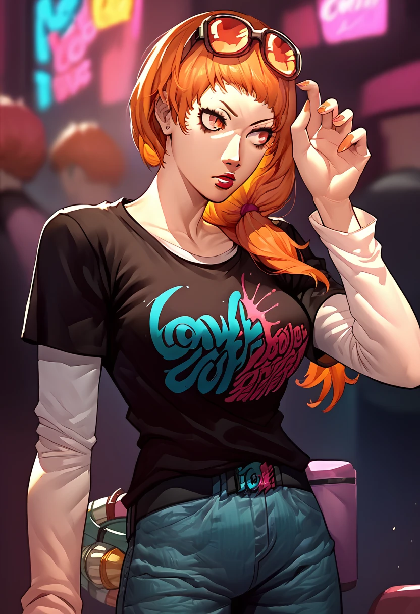 1girl, sunglasses on head, lipstick, black t-shirt, clothes writing, layered sleeves, large breasts, jeans, Leonie Pinelli, orange hair, orange eyes, 