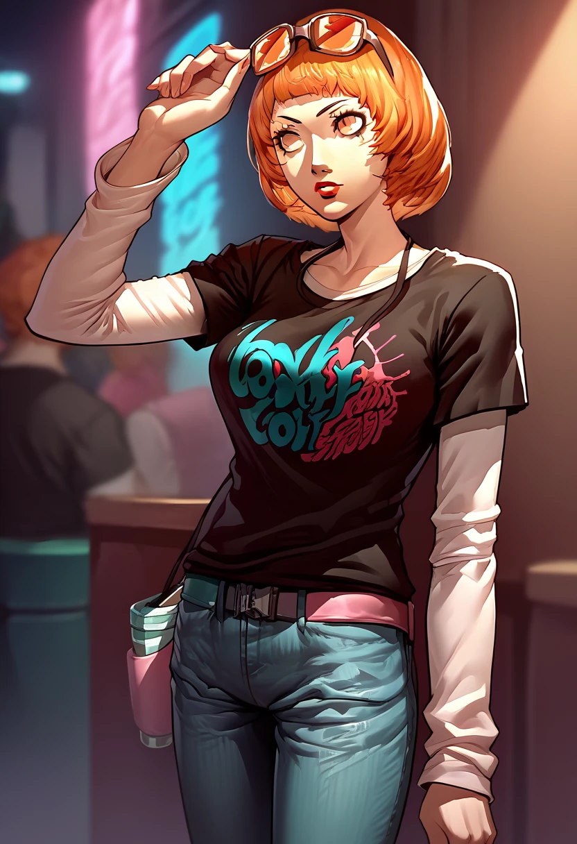 1girl, sunglasses on head, lipstick, black t-shirt, clothes writing, layered sleeves, large breasts, jeans, Leonie Pinelli, orange hair, orange eyes, 