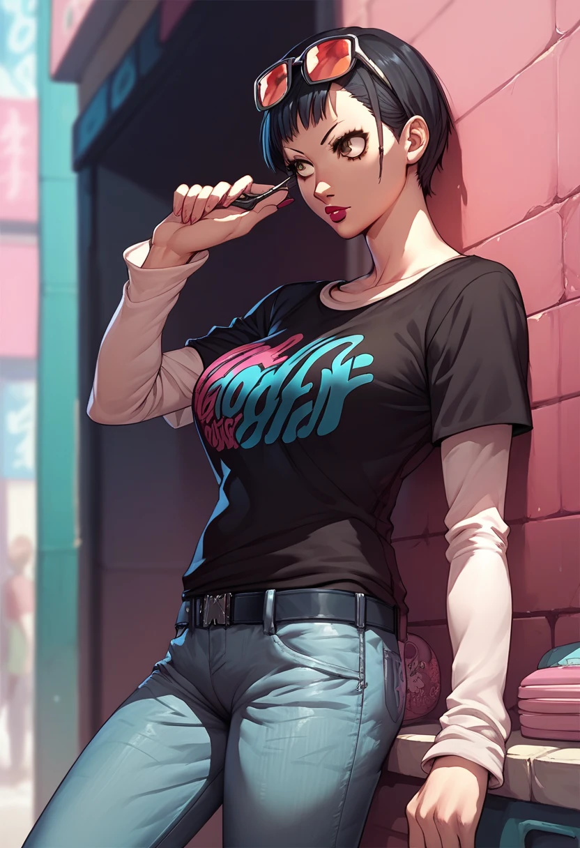 1girl, Ichiko Ohya, sunglasses on head, lipstick, black t-shirt, clothes writing, layered sleeves, large breasts, jeans, 