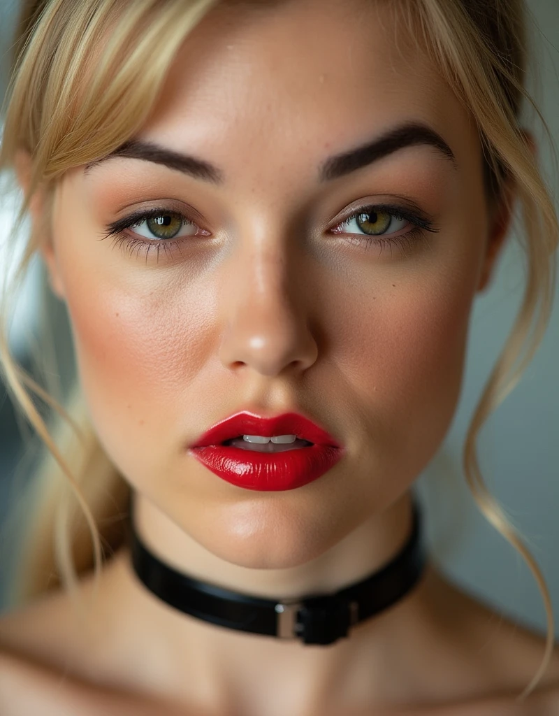 face close up. barbie blonde. shiny red lip gloss. latex choker