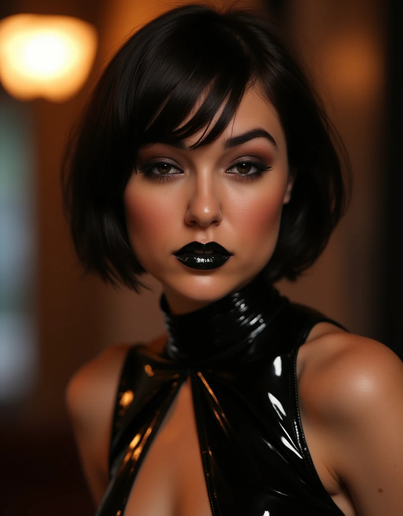 beautiful full body portrait of a goth model, black lip gloss, latex dress, euphoria, elegant short black hair, shiny lips, glossy lips, reflective lips, eye contact, on a dinner date