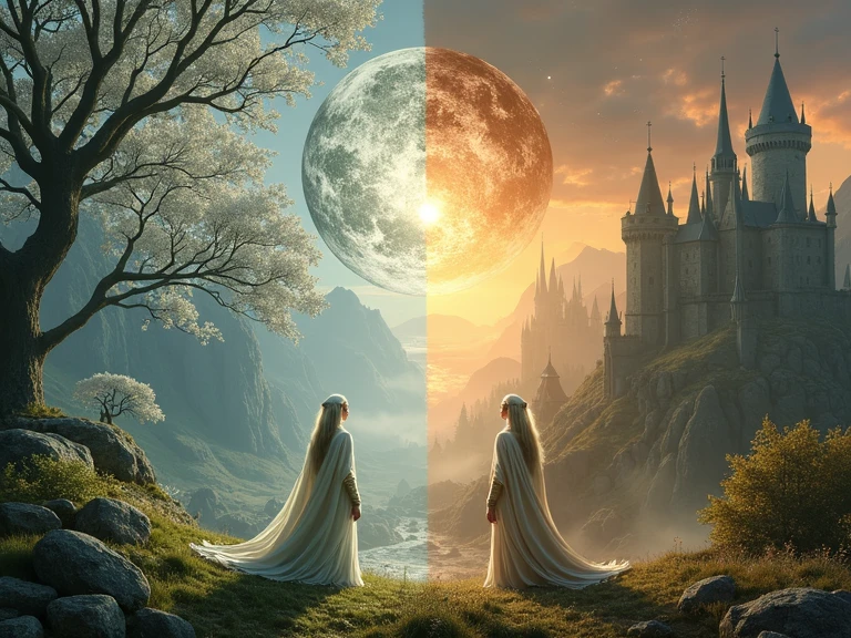 A stunning split-image artwork depicting the contrast between the mythical Elf world and the mortal Human world, inspired by the essence of Tolkien's novels. The left half showcases the enchanting Elf realm: an ethereal landscape bathed in soft, otherworldly light, with towering silver trees, delicate blossoms glowing faintly, and elegant Elven architecture seamlessly blending with nature. Graceful Elves, clad in flowing robes, exude wisdom and timeless beauty, surrounded by shimmering auras. The right half contrasts with the rugged and grounded Human world, featuring medieval castles, bustling villages, and vibrant marketplaces filled with humanity's resilience and ambition. The earthy tones of plowed fields and the smoky hues of blacksmith forges symbolize their industrious spirit. The two worlds converge subtly in the background, blending their distinct essences into a harmonious connection that hints at shared destiny and mutual influence.