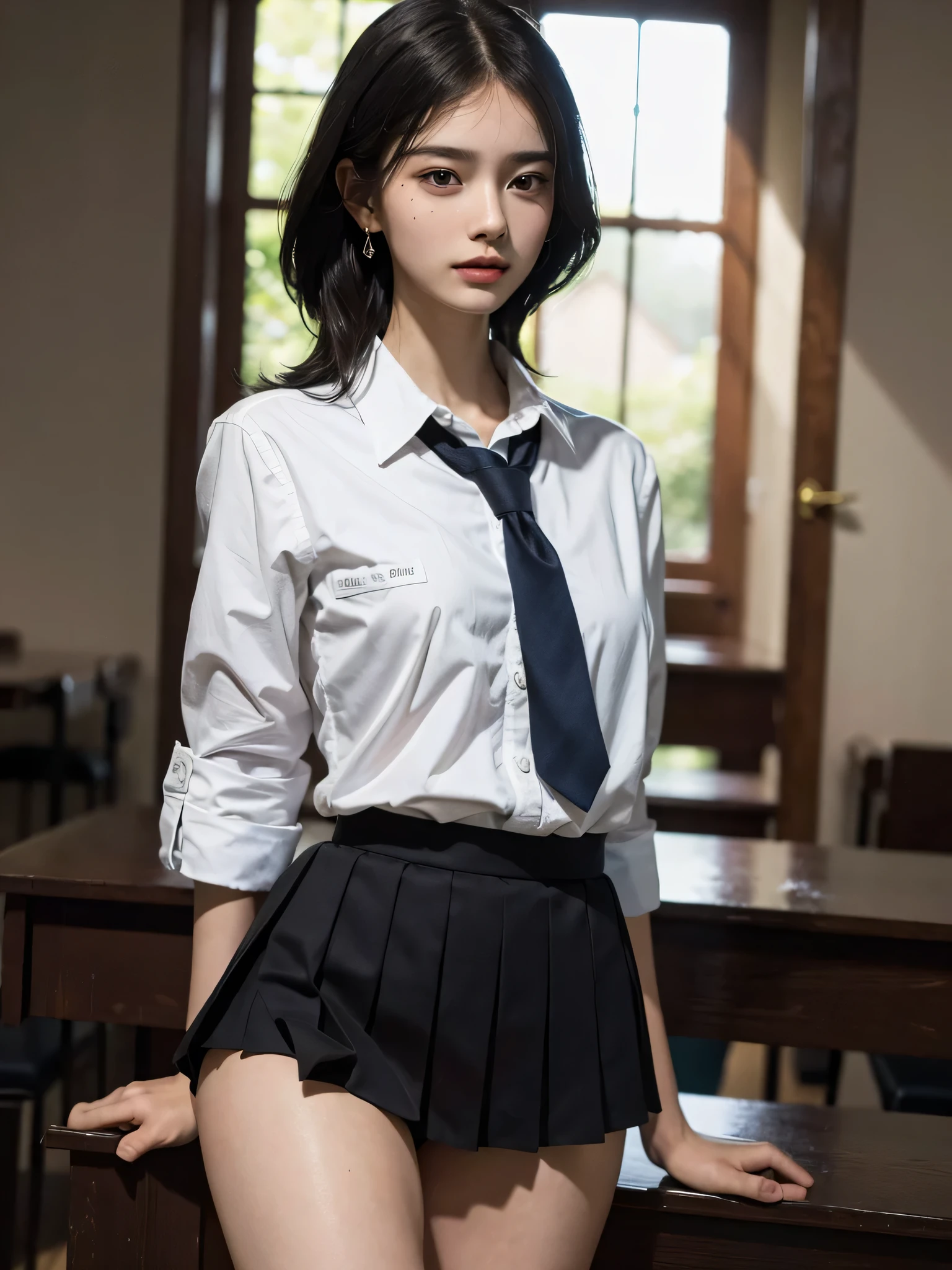 absurdres, RAW photo, extremely delicate and beautiful, masterpiece, Best Quality, ultra high resolution, 32k, hyperrealistic, ultra-detailed, perfect figure, in her 20s, very small head, very small face, delicate facial features, tearful mole, earring, huge breasts, legs, full body shot, medium hair, black hair, sweat, school_uniform,
