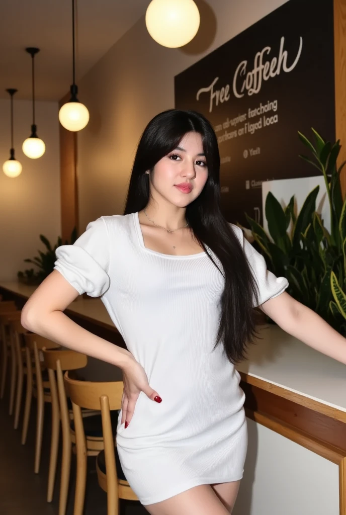 A young Asian woman stands confidently at the front of a coffee shop, her presence illuminated by soft overhead lighting. The vibrant white of her stunning wet mini flare dress shimmer against the neutral-colored walls and wooden furniture, as she poses with one hand resting on the edge of a chalkboard, conveying poise and intelligence.