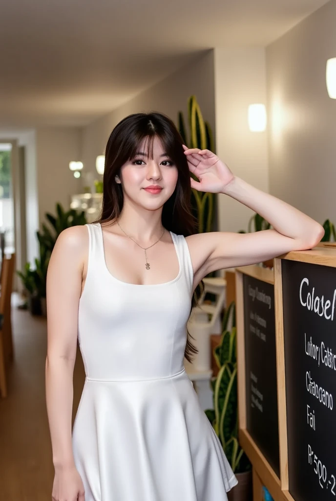 A young Asian woman stands confidently at the front of a coffee shop, her presence illuminated by soft overhead lighting. The vibrant white of her stunning wet mini flare dress shimmer against the neutral-colored walls and wooden furniture, as she poses with one hand resting on the edge of a chalkboard, conveying poise and intelligence.