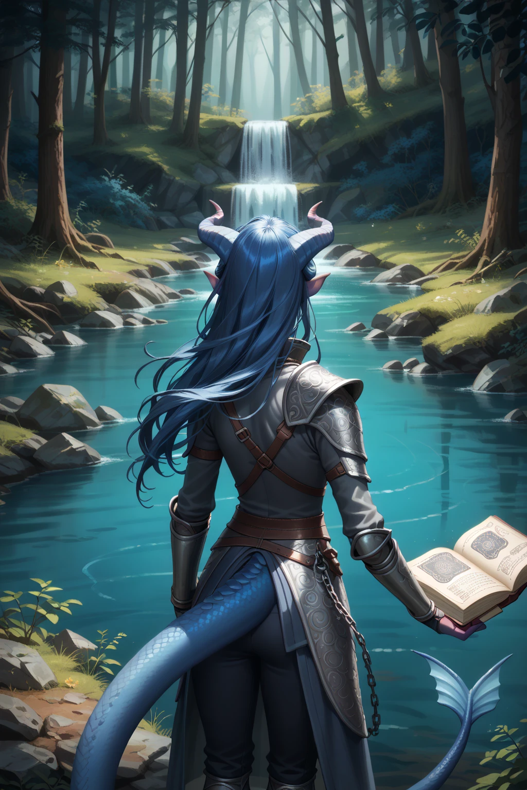 ( A sprawling cedar is growing ), ((forest in the background)), dynamics, (1Тiefling ,  dark blue-gray skin :1.4), ((((very thick long tiefling dragon tail)))), ((long dark blue flowing hair)) ,  (((The pigmentation on the face ))), ((( blue freckles ))) , (2 fins), ((bright blue-grey pupils, very black eyes)), ((skin pigmentation,)),  girl  , (kind face), (face visible), (curiosity ), ( openness in view ), (small lips), ( curious eyes ), (30 years old), (chainmail), (gray-black armor ),  (( Protection on a thick long dragon blue tail)), [medieval pants], (mantle), (1 magic book in hand) (( dynamic posture looks back from behind, in half a turn, face visible)) , ( dark grey straight short horns),  (book in hand), ( top quality,  masterpiece fails,   in the highest detail) ,  fantasy background. blue tones, Dark tones.  Clear water, stream , scale,  Dark colors , dark shades,  muted colors. (( view from above )).