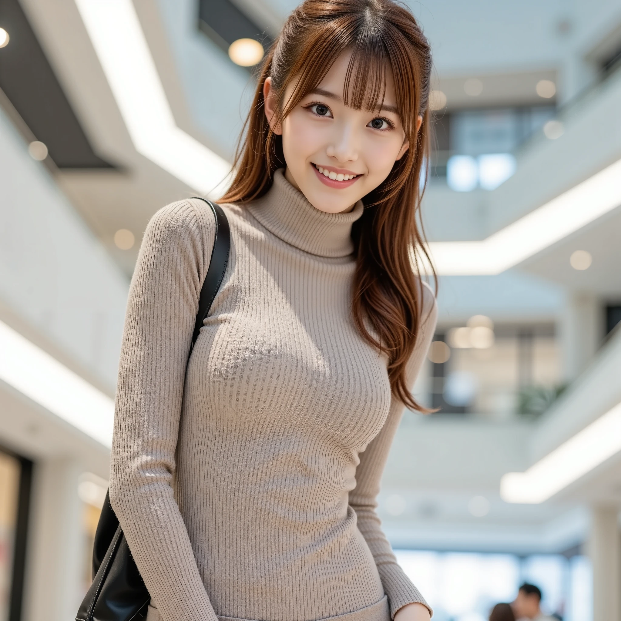 『 1 Japanese girl:1.3』『 real photo:1.3』 top quality:1.2、(( Big Breasts ))、 Slightly Visible Cleavage 、(( young woman))、(( has red cheeks))『 I'm smiling by showing my teeth :1.9』、((( anatomically correct、 Perfect Anatomy、 anatomically correct指)))、 realistic ,  top quality,  super high resolution ,  RAW photo, (Curvy body)、(( top quality, masterpiece,  Ultra A High Resolution、 most complex and detailed description ))、(Very bright neutral white lighting:1.1)、 turtleneck のセーターを着た女性、 Beautiful Detailed Eyes 、(The long wavy ponytail :1.3), (Precise Wavy Ponytail:1.5)、 color contacts、 Completely-valid、 has long eyelashes、lipstick、 High Saturation Eye Shadow 、Tight knitwear、 Perfect fit 、 body lines、(Big Breasts:1.5)、 turtleneck 、 Sensation  ,  viewers, From the front、 Best smile when staring at me 、 knit dress、 background is the interior of a large shopping mall.、 cowboy shot 、A photo of her from below