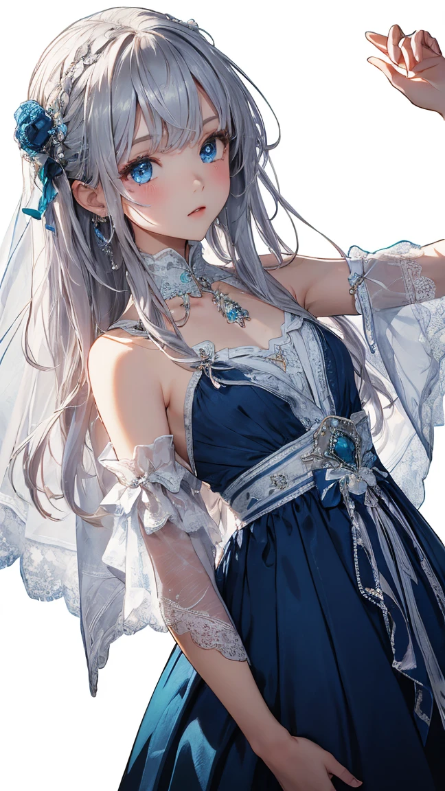 (masterpiece),(highest quality:1.2),(Perfect Anatomy),Exquisite detail,((1 Girl)),Long silver hair,((Flat Chest)),Beautiful and exquisite blue eyes,Royal blue long dress,Aqua blue shawl draped over shoulders,Blue Footprints,(White background)