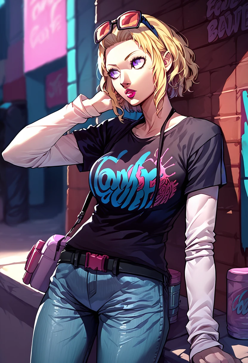 1girl, sunglasses on head, lipstick, black t-shirt, clothes writing, layered sleeves, large breasts, jeans, Constance von nuvelle, blonde hair, purple eyes, 