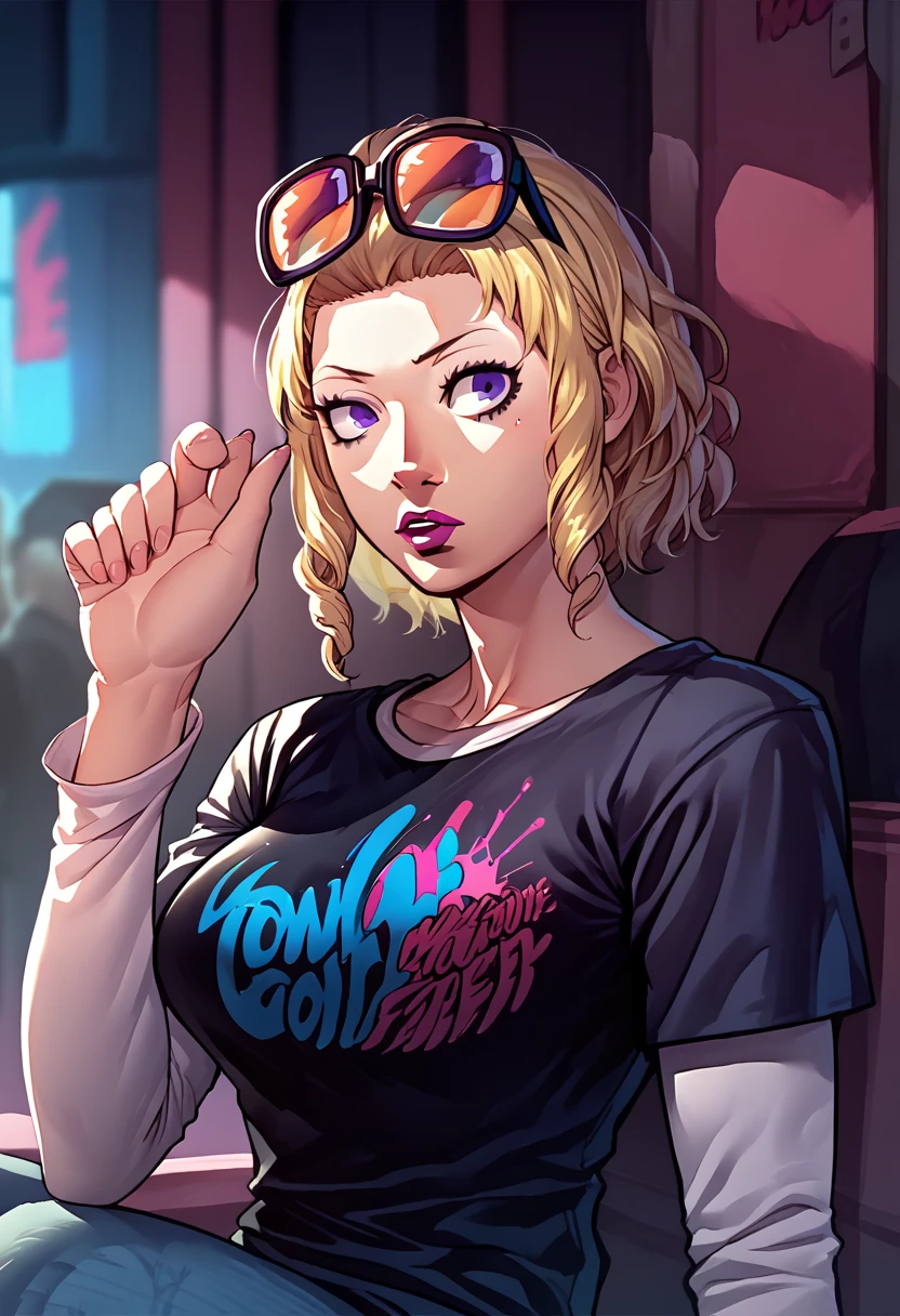 1girl, sunglasses on head, lipstick, black t-shirt, clothes writing, layered sleeves, large breasts, jeans, Constance von nuvelle, blonde hair, purple eyes, 