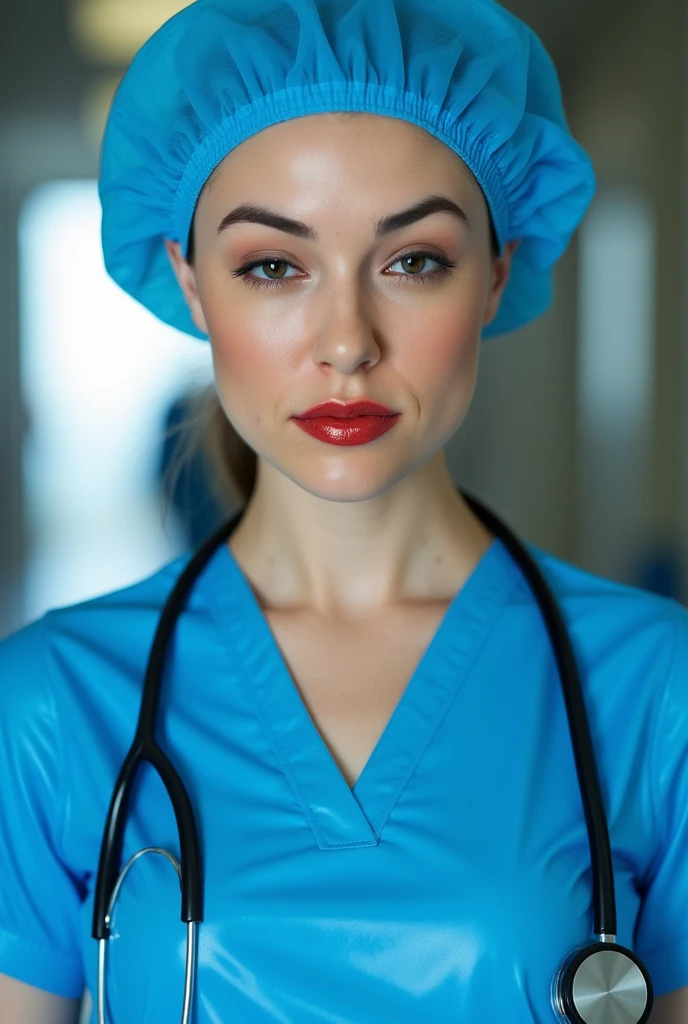 portrait of a doctor wearing a blue kinky fetish latex outfit, latex nurse's hat, she is wearing pigmented and shiny red lip gloss, in the hospital, eye contact