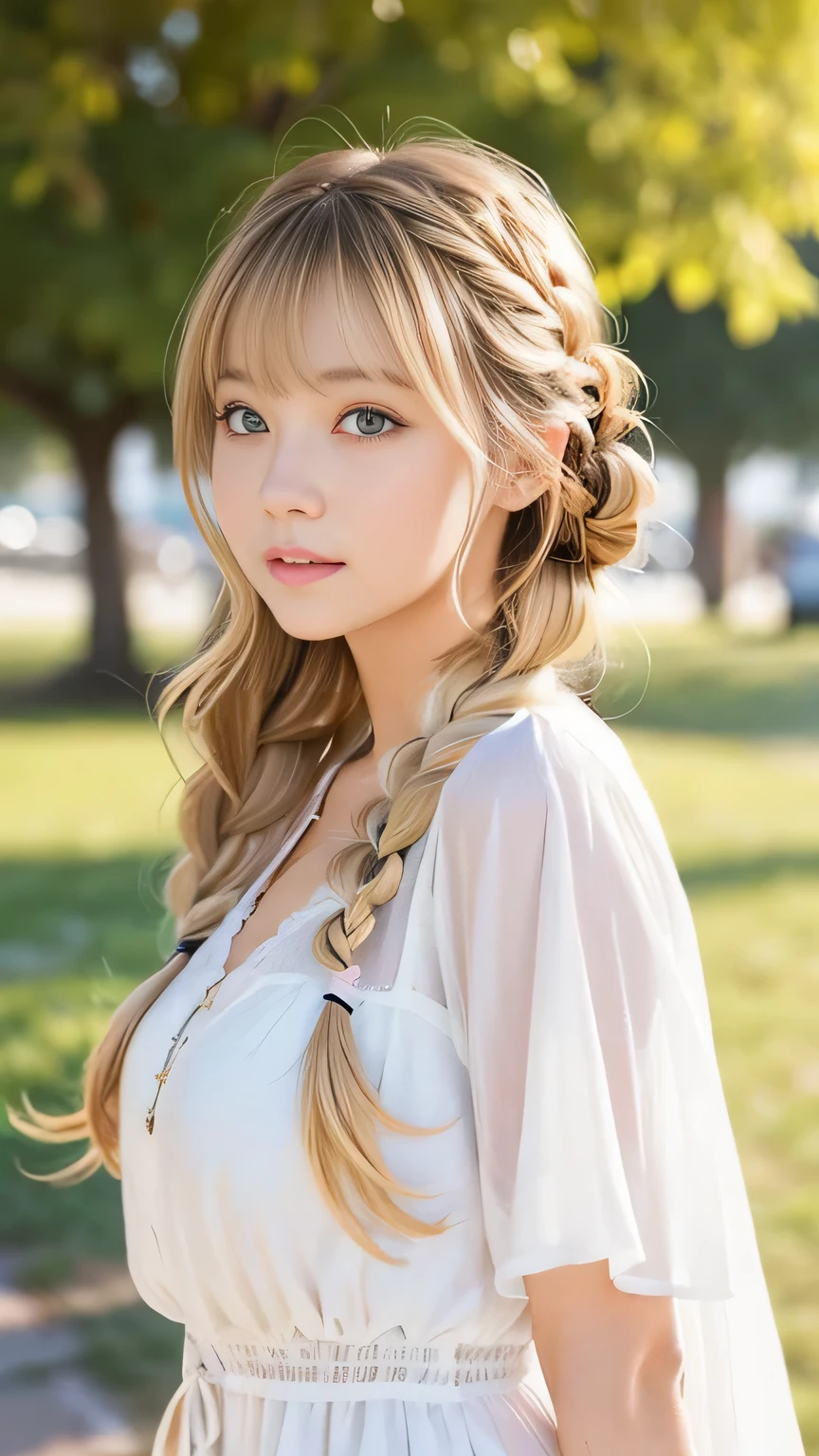Sexy big 、Sexy cute looks and cute 15 year old beautiful girl, Beautiful and sexy face、A strong wind blows my hair in front of my face、Beautiful long blonde French braided hair、Beautiful, cute and sexy eyes hidden by long bangs