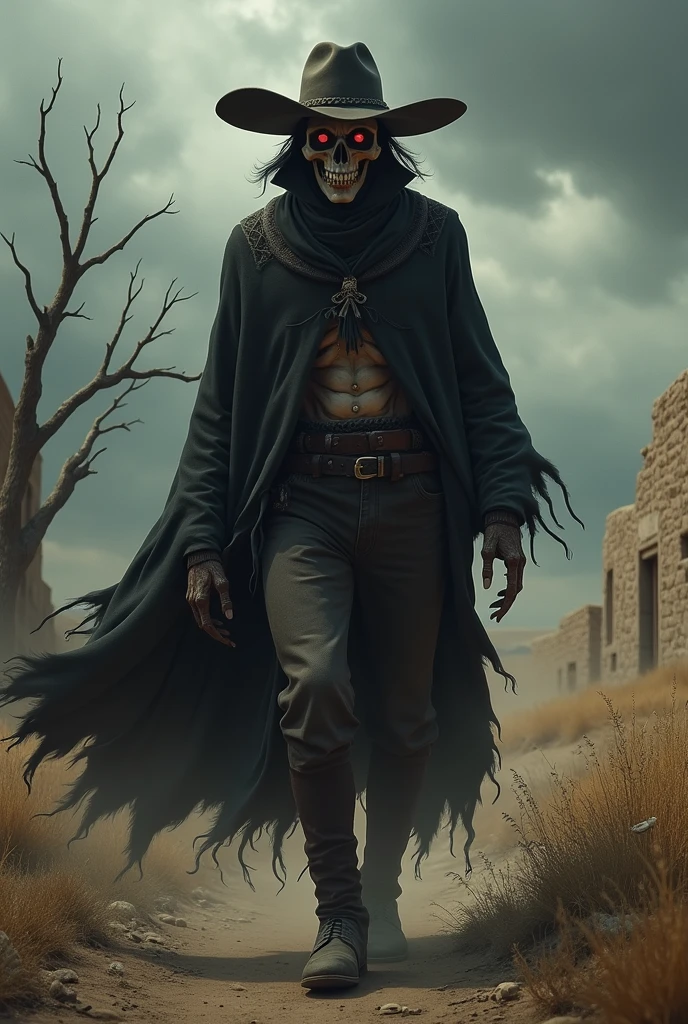 (best quality, masterpiece), ghoul, shirtless, pants, cloak, stump arms, sword arms, red eyes, vicious, ragged, dyslexic, zombie, desert background