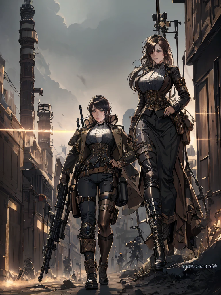 a woman in a steampunk military outfit, detailed digital painting, steampunk version of modern female sniper, steampunk huge sniper rifle, full body shot, detailed face and eyes, cinematic lighting, muted color palette, intricate mechanical details, atmospheric environment, masterpiece, photorealistic, 8k