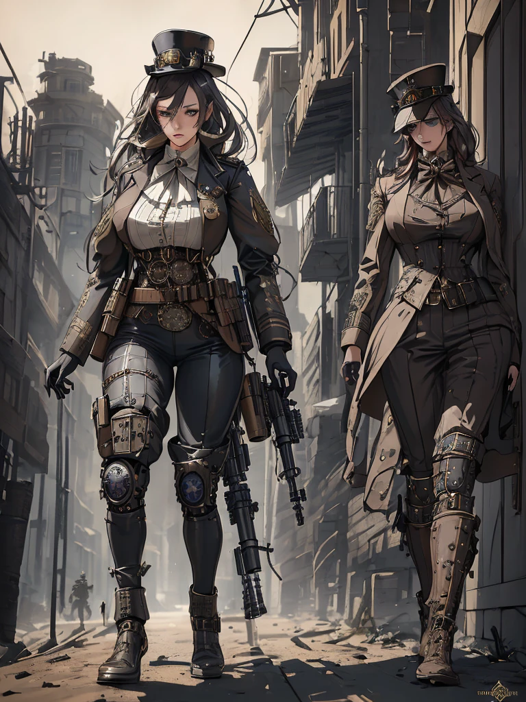 a woman in a steampunk military outfit, detailed digital painting, steampunk version of modern female sniper, steampunk huge sniper rifle, full body shot, detailed face and eyes, cinematic lighting, muted color palette, intricate mechanical details, atmospheric environment, masterpiece, photorealistic, 8k