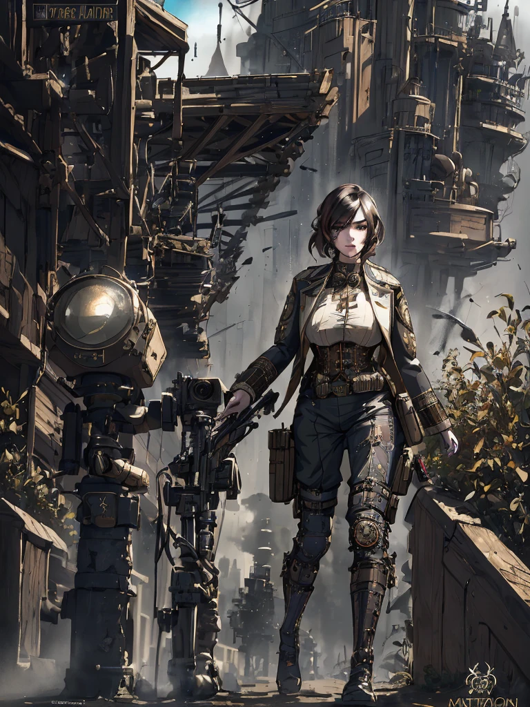 a woman in a steampunk military outfit, detailed digital painting, steampunk version of modern female sniper, steampunk huge sniper rifle, full body shot, detailed face and eyes, cinematic lighting, muted color palette, intricate mechanical details, atmospheric environment, masterpiece, photorealistic, 8k