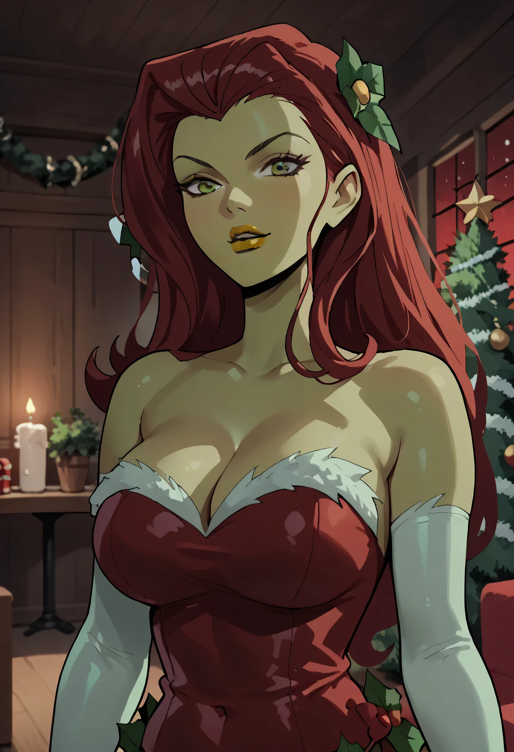 (((Poison Ivy))), (((Superman))), High quality, best quality, masterpiece, (1boy1 1girl), (hetero:1.5), mature woman, curves, long wavy redhead hair, green eyes. cleavage. (((woman wearing slingshot bikini))), woman on top, sfw