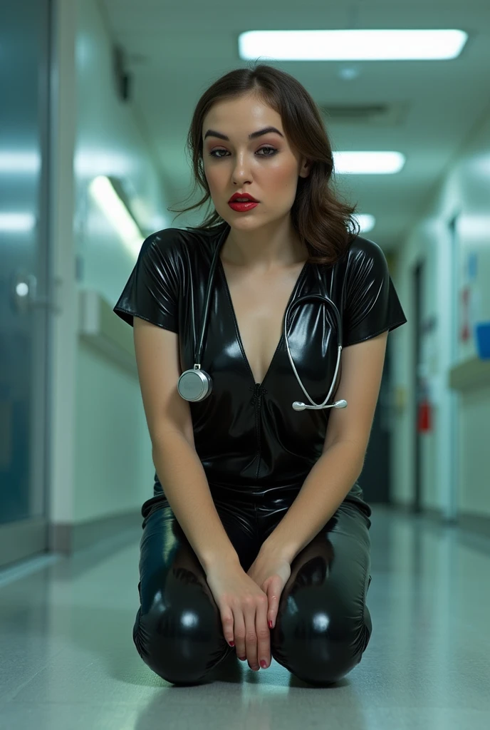 portrait of a doctor wearing an inappropriate erotic and kinky fetish latex uniform, she is wearing extremely pigmented and shiny red lip gloss, she is on her knees, in the hospital, eye contact