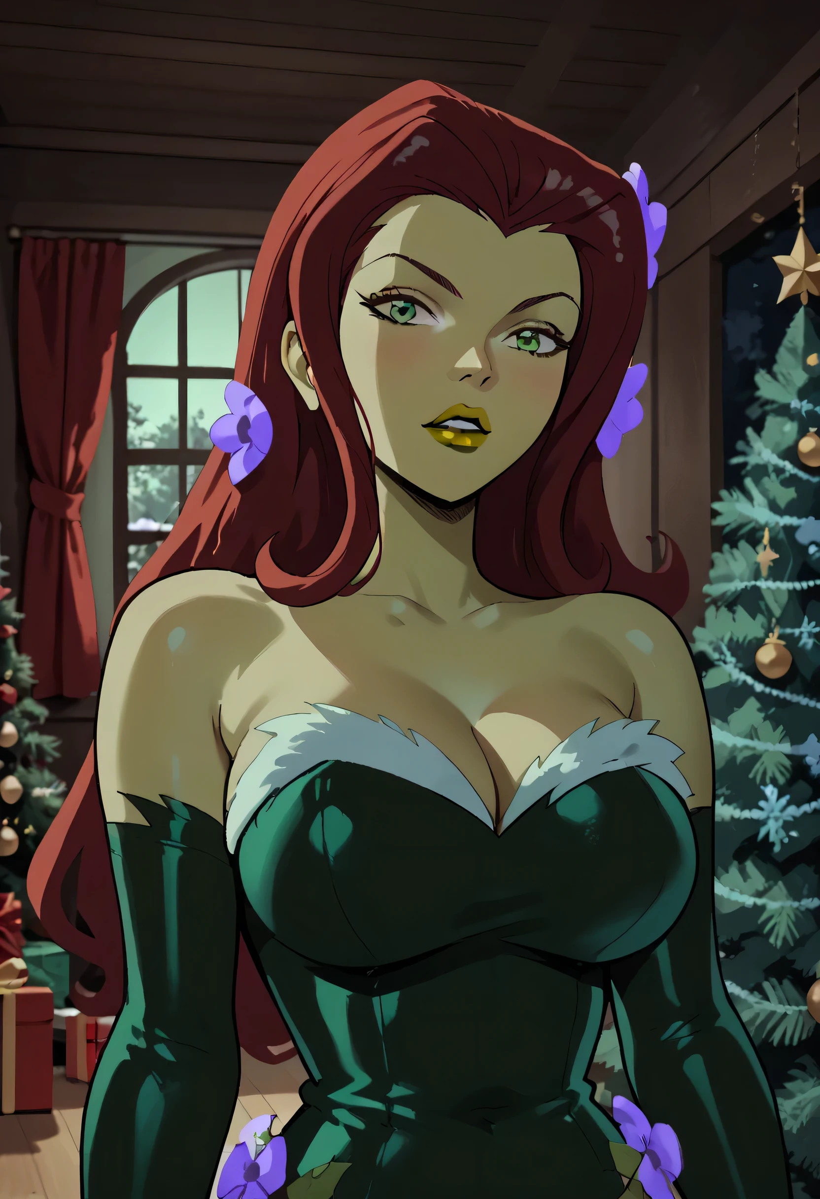 woman, red hair, green skin, yellow lipstick, long hair, christmas outfit, christmas, anime style, big breasts, green eyes, poison ivy, indoors, christmas decorations at home, christmas tree, looking at viewer