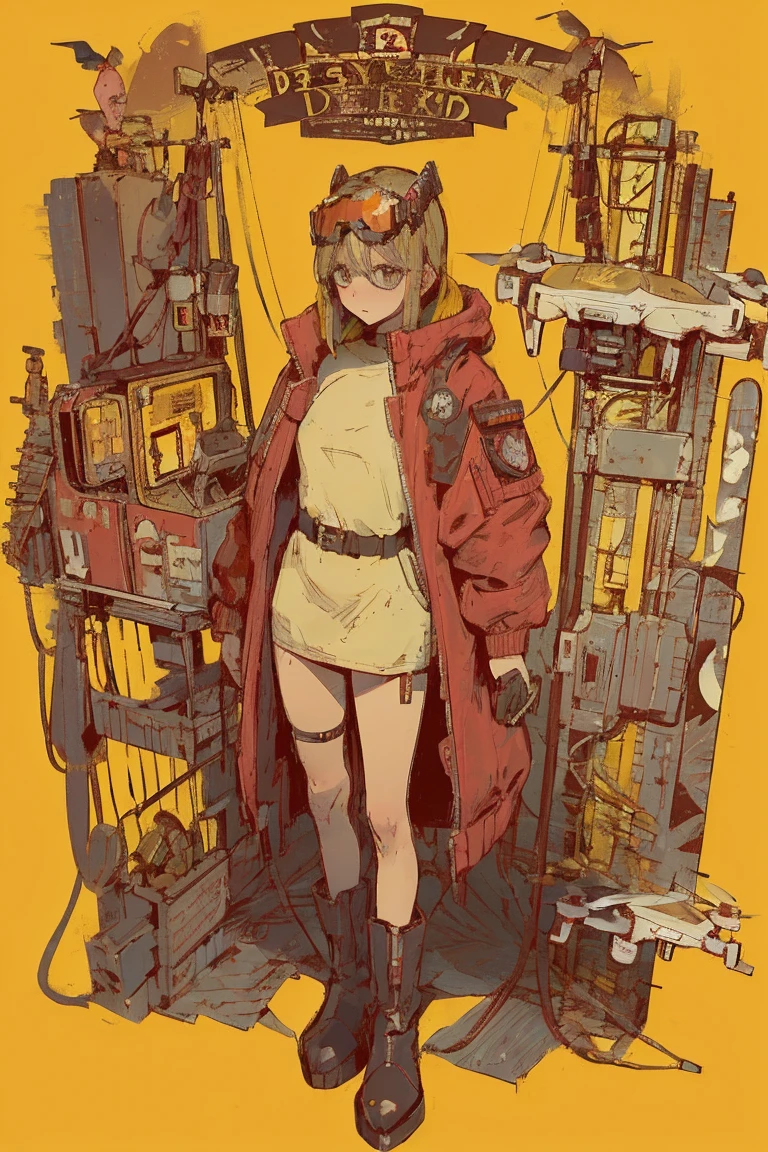 Full body portrait, ( more,  Ultra High Resolution , Detailed Background ),((2D)),(( Flat Color )),((achromatic )), 1girl,1 Solo,  watching viewers,  loose red flight suit ,  large sheepskin colored bomber jacket with steampunk goggles, (big yellow boots ),  Plush Color , Full body portrait, スチームパンクゴーグルを装着, (( baron desert intracat background )), ((Doomsday City)),   Represent the whole body , (( drone next to her )),pop Art Style