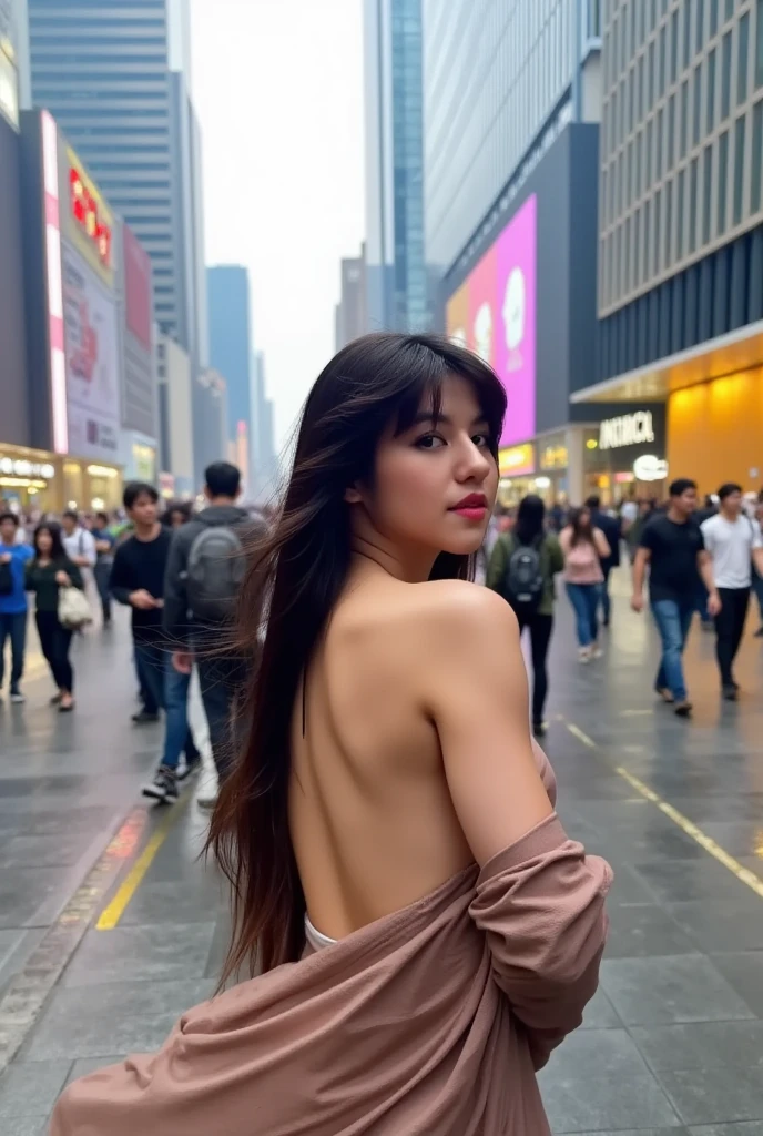 A stunning Asian woman, diaphanous flare dress billowing behind her, stands out amidst rain-soaked city streets on a drizzly day. Her slender figure is partially concealed by the flowing fabric as she navigates through the crowded pavement. Raindrops glisten on her hair, and her wet clothes cling to her physique in a tantalizing display of vulnerability. The urban landscape provides a stark backdrop for this vision of beauty and serenity: sleek skyscrapers rise above her, their reflective surfaces mirroring the rain-kissed pavement, while neon signs cast a warm glow across her face.