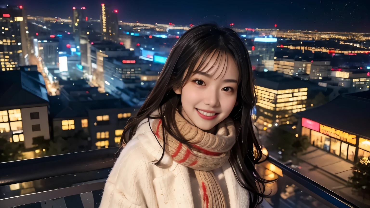 misakiai,小さな胸,A cozy anime-inspired street at night during Christmas, boutique shops glowing with festive decorations, a young, cute woman standing in front of a brightly lit show window, her reflection visible on the glass, wearing a trendy tan coat and a knitted scarf, her face glowing with a warm smile as she admires the holiday display, soft snowflakes falling gently, vivid neon tones and nostalgic 1980s city pop style, high resolution --ar 16:9
