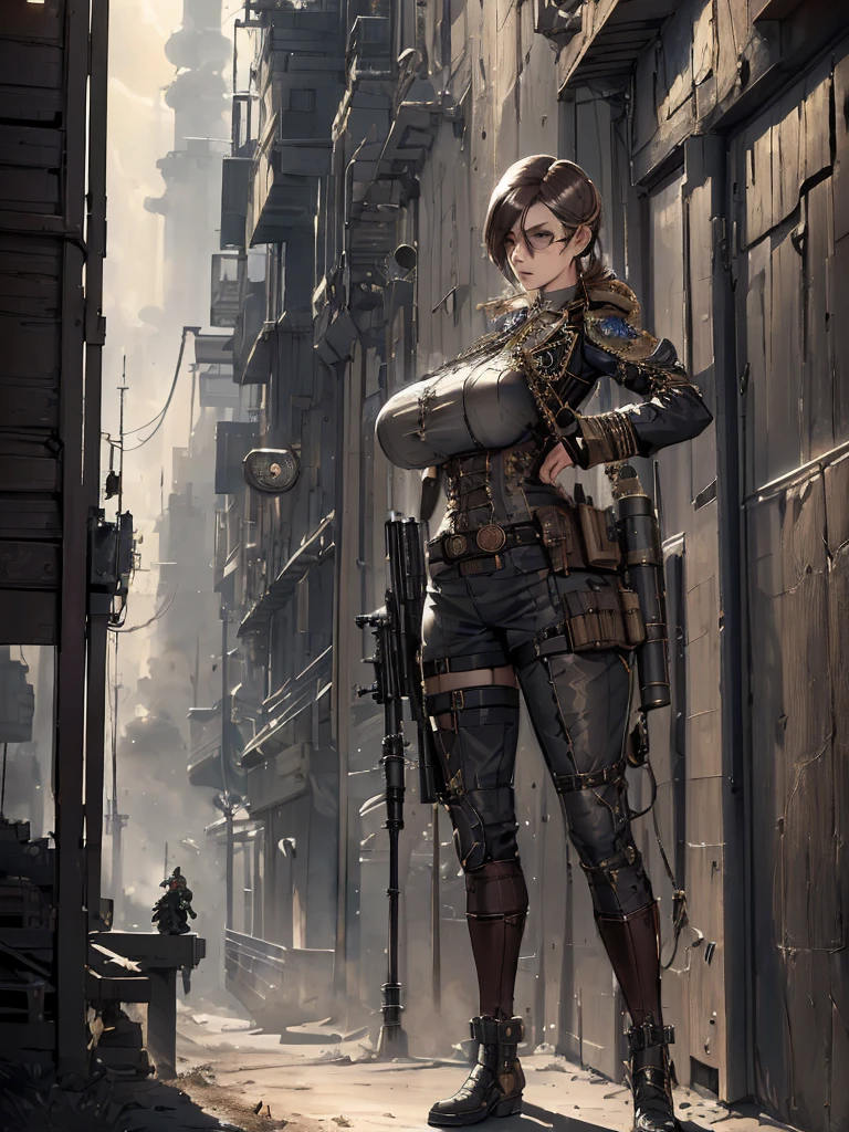 a woman in a steampunk military outfit, detailed digital painting, steampunk version of modern female sniper, steampunk huge sniper rifle, full body shot, detailed face and eyes, cinematic lighting, muted color palette, intricate mechanical details, atmospheric environment, masterpiece, photorealistic, 8k