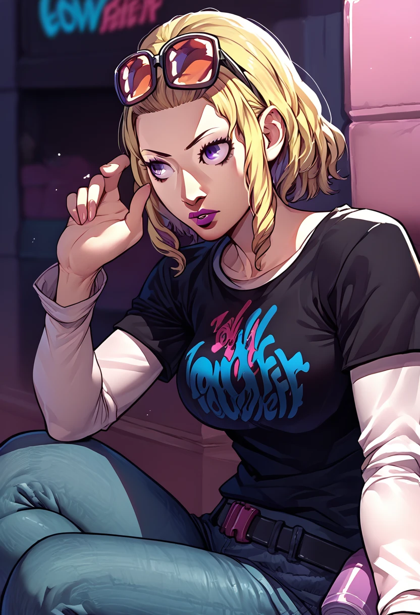 1girl, sunglasses on head, lipstick, black t-shirt, clothes writing, layered sleeves, large breasts, jeans, Constance von nuvelle, blonde hair, purple eyes, 