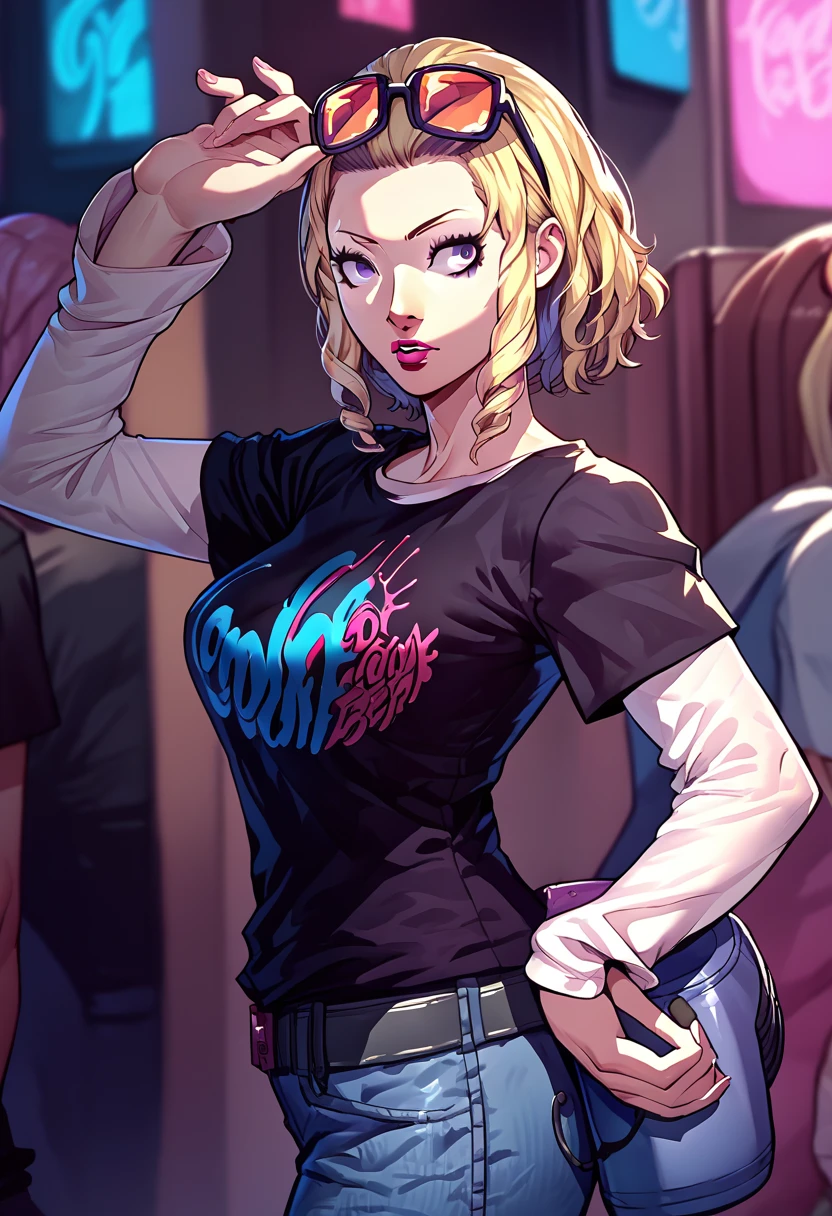 1girl, sunglasses on head, lipstick, black t-shirt, clothes writing, layered sleeves, large breasts, jeans, Constance von nuvelle, blonde hair, purple eyes, 