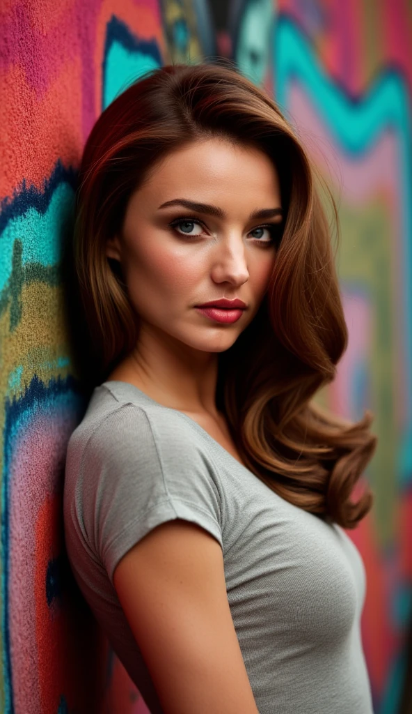 photo of a woman, closeup, face focus, heavy makeup, direct eye contact, frontview, realistic photo, intricate details, vivid and vibrant colors, highly detailed skin, captivating eyes. She is wearing a skin tight t-shirt, The background is a beautifully painted wall with bright, colorful graffiti. She is leaning against the wall. The image is sharp and high-quality