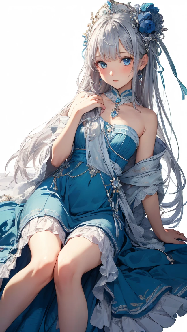 (masterpiece),(highest quality:1.2),(Perfect Anatomy),Exquisite detail,((1 Girl)),Long silver hair,((Flat Chest)),Beautiful and exquisite blue eyes,Royal blue long dress,Aqua blue shawl draped over shoulders,Blue Footprints,(White background)