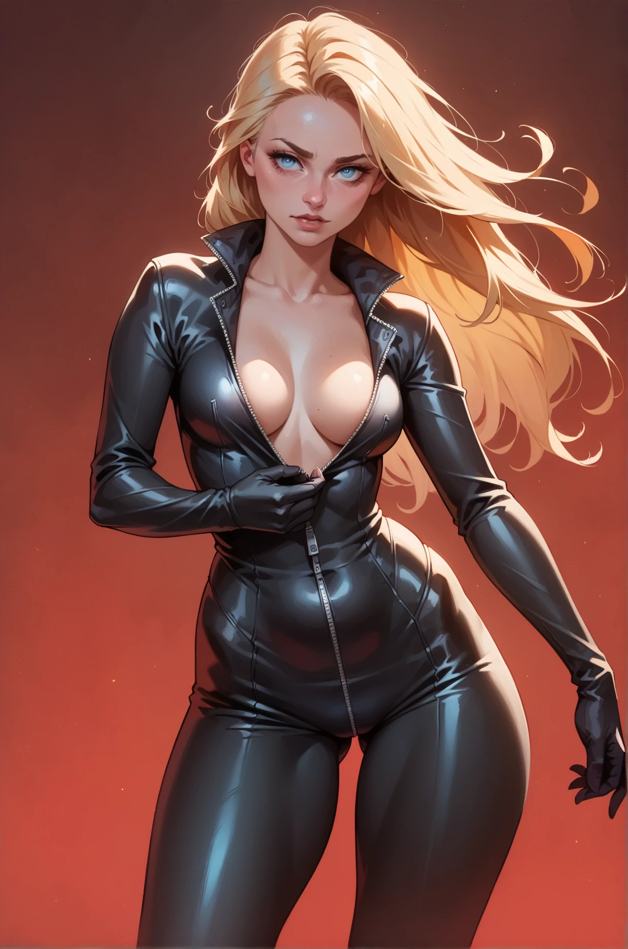 score_9, score_8_up, score_7_up, cartoon of a girl, solo, sexy, slutty, blue eyes, long blonde hair, black bodysuit, partially unzipped, cleavage, small breast, visible thighs, grabbing, standing, atmospheric lighting, moody and gritty, from behind, bright red background, simple background