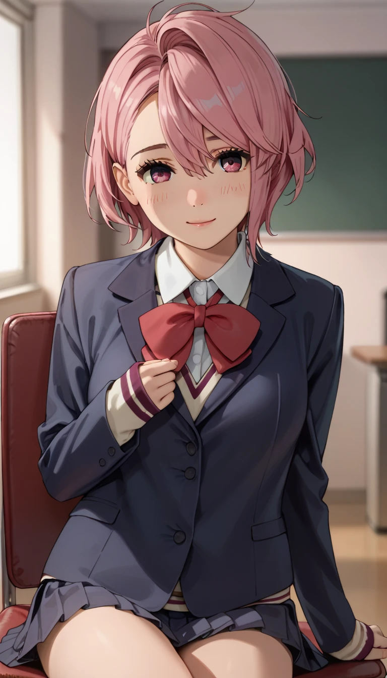  score_9,  score_8_up,  score_7_up, BREAK
1woman, big breast, Blurred Background, sitting on chair, seductive pose, sexy pose, shy, blush, smile, cowboy shot, look at a viewer, 
Aira Shiratori,  pink hair,  short hair,  pink eye, age25,
 school uniform, Blue blazer, white collared shirt, red ribbon, Long Sleeve, sleeves past wrists, miniskirt, pleated skirt,  