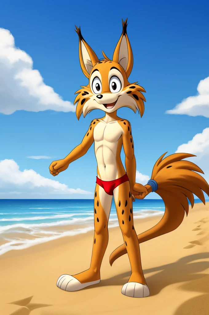 Lynx cartoon guy full length slim skinny in red speedo on the beach with a happy face