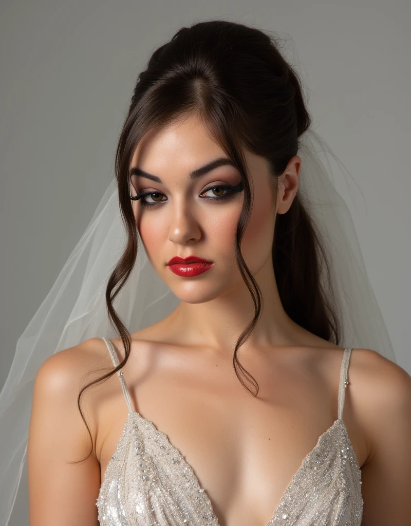 cute portrait of woman on her wedding day, latex wedding dress, red lip gloss, thick eyeliner flicks, extreme make up