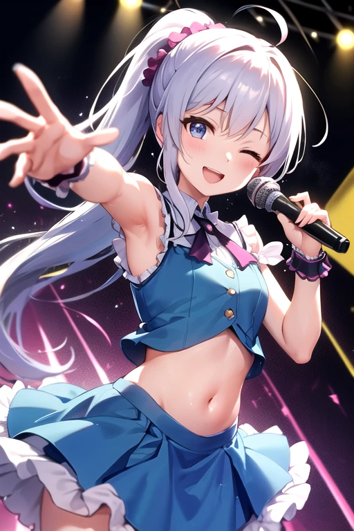 Silver Hair、Blue Eyes、girl、Small breasts、Twin tails、girl、Small breasts、ta、Bright smile、Looks about 15 yan Musume、He is short、目のhighlight、Sexy thighs、Idol、Sing with a microphone、Mine-based costumes、Showing armpits、Your eyes are so beautiful、highlight