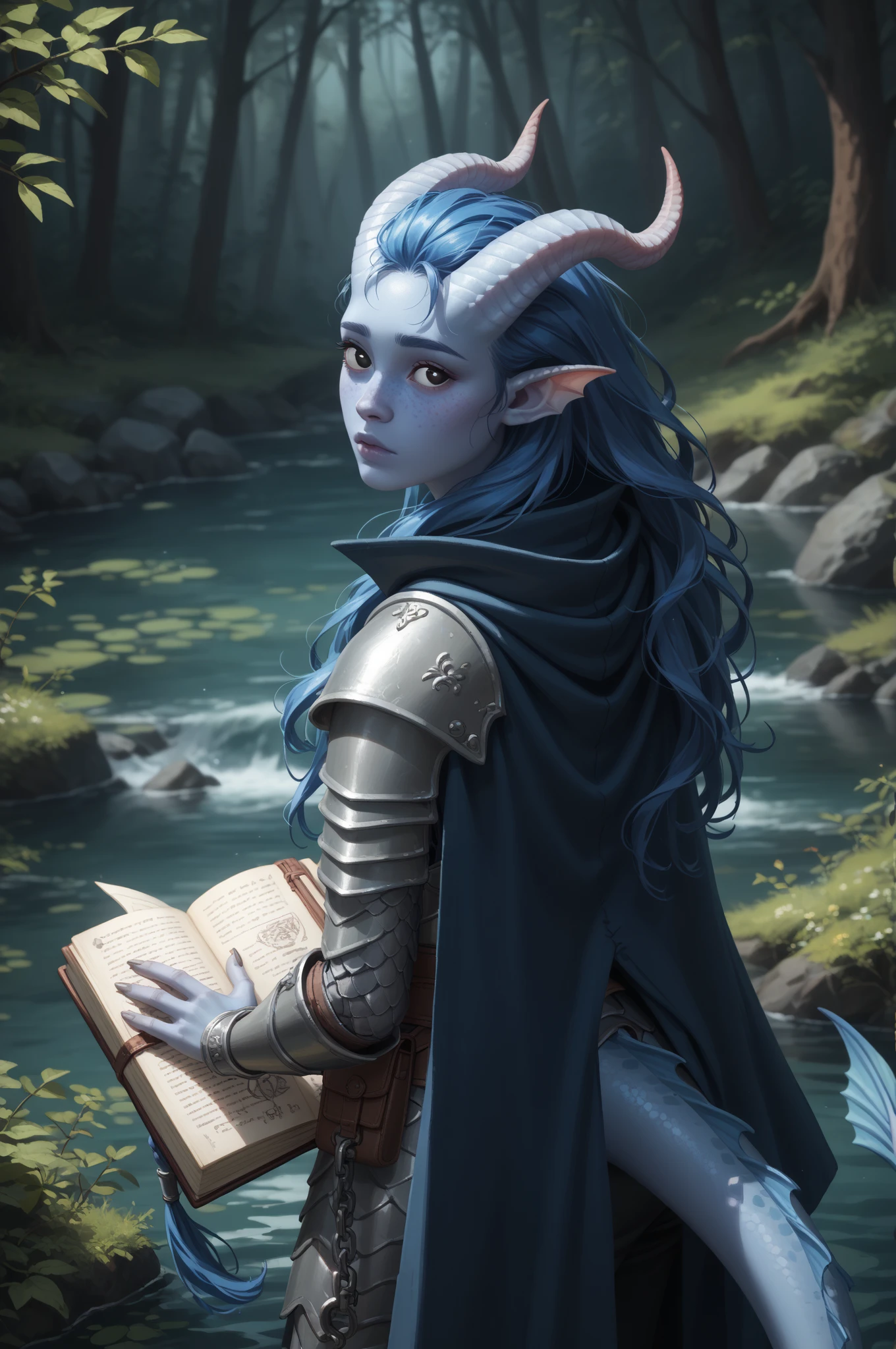 ( A sprawling cedar is growing ), ((forest in the background)), dynamics, (1Тiefling ,  dark blue-gray skin :1.4), ((((very thick long tiefling dragon tail)))), ((long dark blue flowing hair)) ,  (((The pigmentation on the face ))), ((( blue freckles ))) , ((2 fins on the head)), ((bright blue-grey pupils, very black eyes)), ((skin pigmentation,)),  girl  , (kind face), (face visible), (curiosity ), ( openness in view ), (small lips), ( curious eyes ), (30 years old), (chainmail), (gray-black armor ),  (( Protection on a thick long dragon blue tail)), [medieval pants], (mantle), (cloak), (1 magic book in hand) (( dynamic posture looks back from behind, in half a turn, face visible)) , ( dark grey straight short horns),  (book in hand), ( top quality,  masterpiece fails,   in the highest detail) ,  fantasy background. blue tones, Dark tones.  Clear water, stream , scale,  Dark colors , dark shades,  muted colors. (( view from above )).